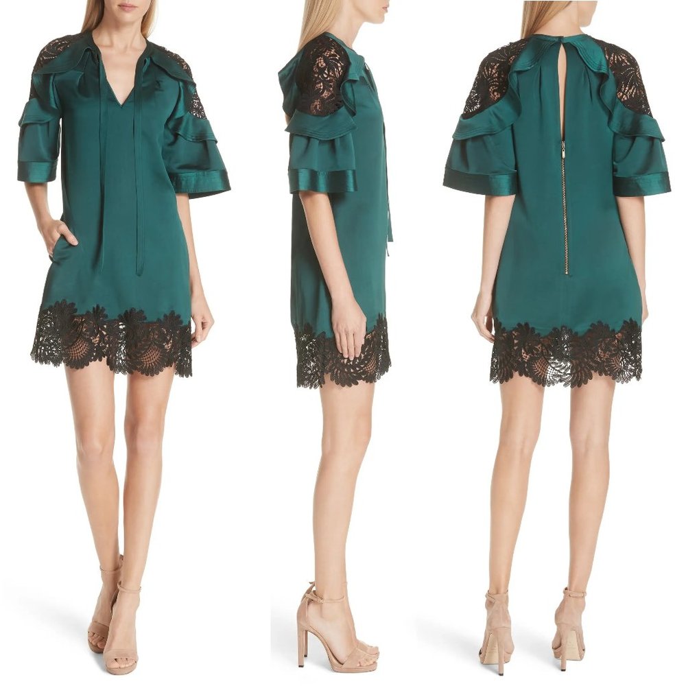 Self-Portrait Lace Trim Shoulder Mini Satin Shift Dress 6 Dark Green. Like new!
